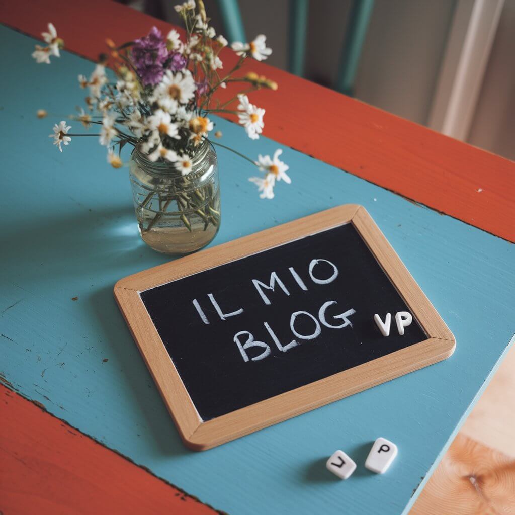 Lavagnetta con la scritta “Il mio blog” su tavolo rustico in legno